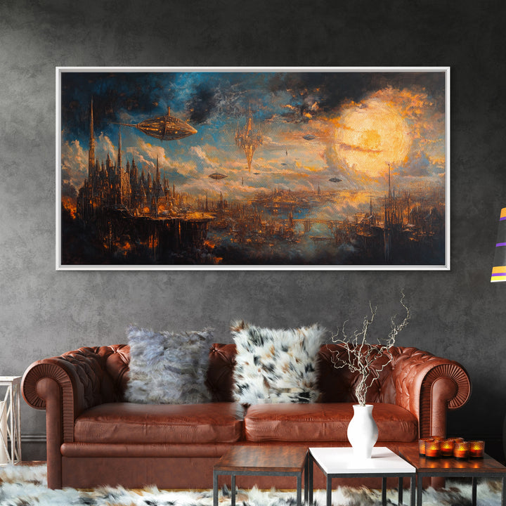 Steampunk Sky City With Airships Wall Art, Futuristic Fantasy Landscape, Dark Sci Fi Decor, Large Canvas Print For Office