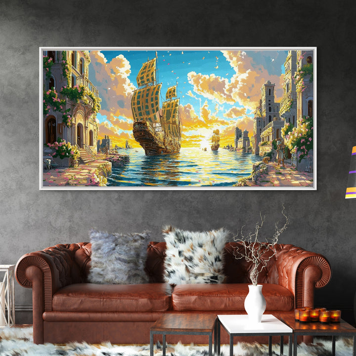 Golden Sailing Ship Canal Wall Art, Mediterranean Coastal Decor, Fantasy Seascape Canvas Print, Vibrant Living Room Art Print