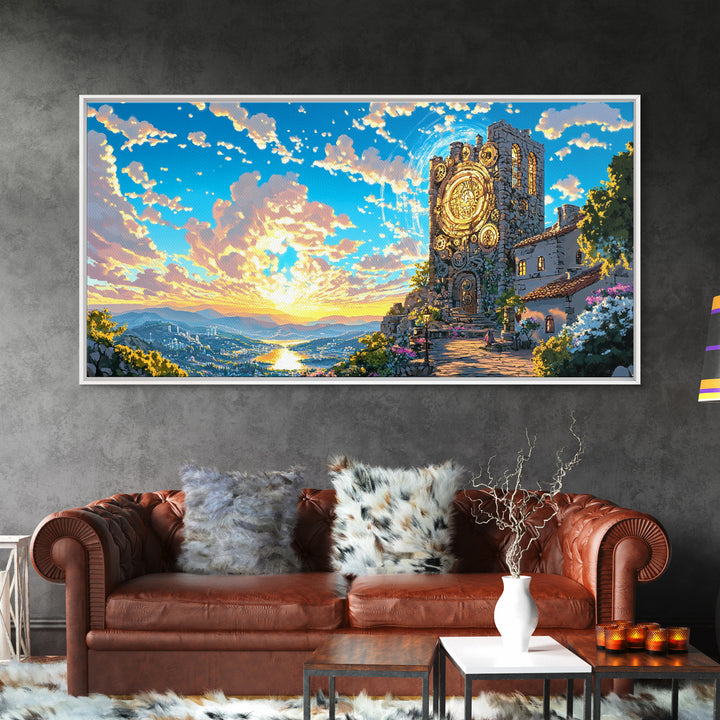 Golden Clock Tower At Sunset Wall Art, Steampunk Fantasy Landscape, Framed Canvas Print, Vibrant Travel Poster Decor Gift
