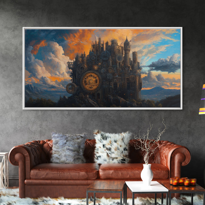 Dark Mechanical Castle At Dusk Wall Art, Gothic Steampunk Fantasy, Moody Landscape Framed Canvas Print, Statement Office Decor