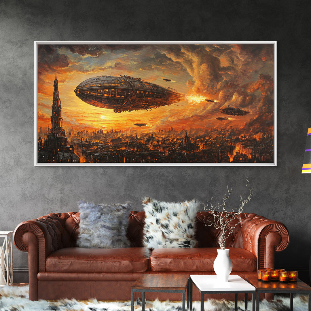 Fiery Airship Over Burning City Wall Art, Dark Steampunk Sci Fi Decor, Futuristic Landscape Canvas Print, Man Cave Art Gift