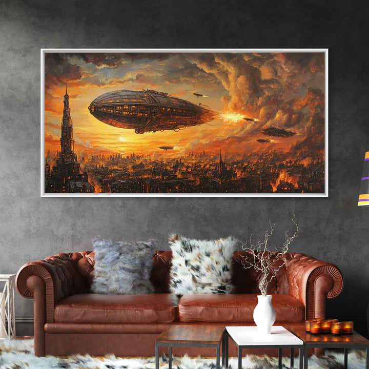 Fiery Airship Over Burning City Wall Art, Dark Steampunk Sci Fi Decor, Futuristic Landscape Canvas Print, Man Cave Art Gift