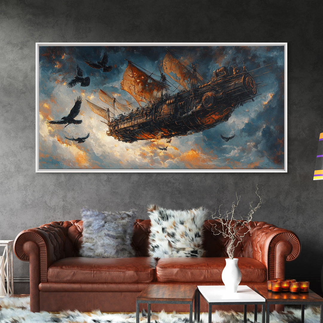 Dark Flying Pirate Ship Wall Art, Steampunk Fantasy Skyship, Gothic Adventure Canvas Print, Moody Sci Fi Office Decor Gift