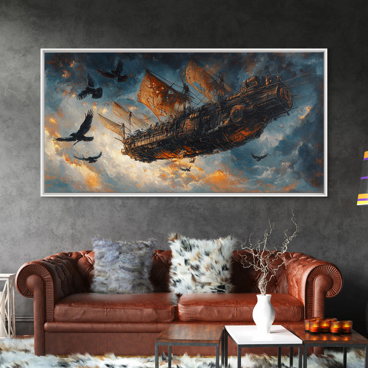 Dark Flying Pirate Ship Wall Art, Steampunk Fantasy Skyship, Gothic Adventure Canvas Print, Moody Sci Fi Office Decor Gift