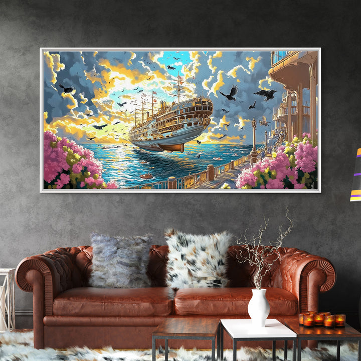 Sunlit Flying Ship By Floral Coast Wall Art, Whimsical Coastal Fantasy, Vibrant Canvas Print, Nautical Living Room Decor