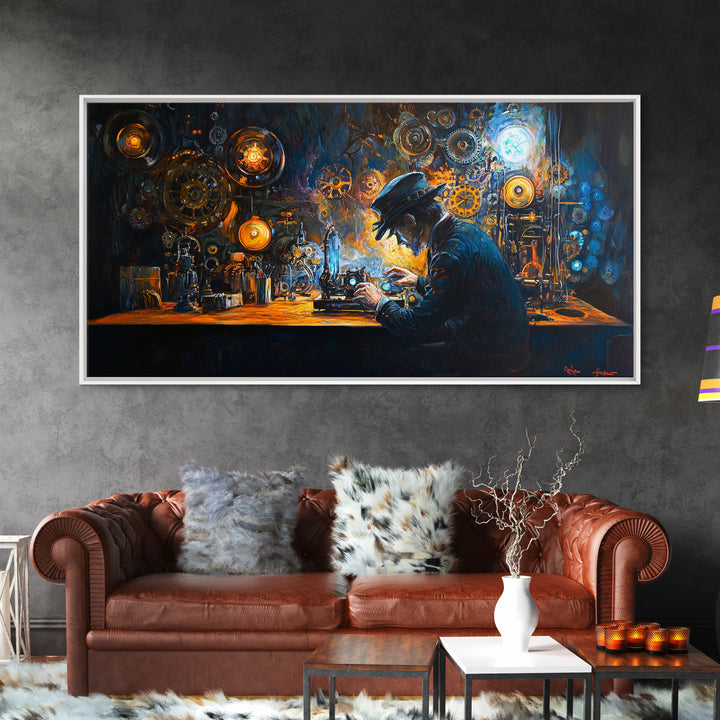 Steampunk Inventor At Workbench With Glowing Gears Framed Canvas Print, Dark Academia Wall Art, Office Decor, Gift For Him
