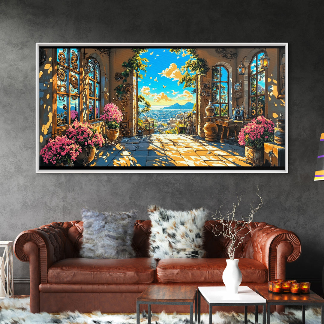 Sunlit Mediterranean Terrace With Pink Flowers Canvas Print, Coastal Wall Art, Italian Home Decor, Living Room Decor Gift