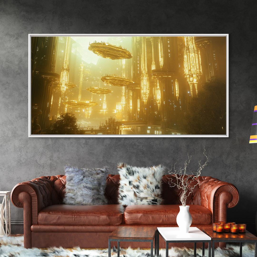 Golden Futuristic City With Floating Airships Framed Canvas Print, Sci Fi Wall Art, Cyberpunk Decor, Statement Artwork Gift For Him