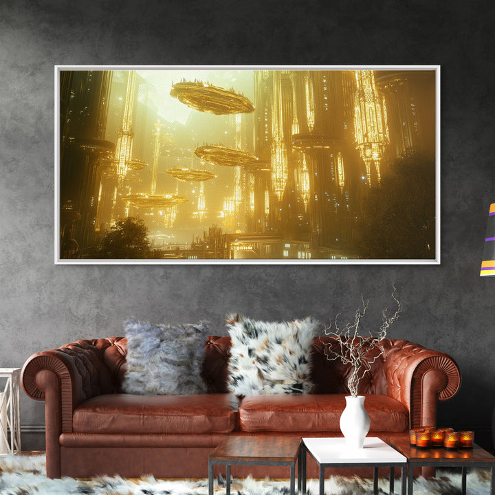 Golden Futuristic City With Floating Airships Framed Canvas Print, Sci Fi Wall Art, Cyberpunk Decor, Statement Artwork Gift For Him