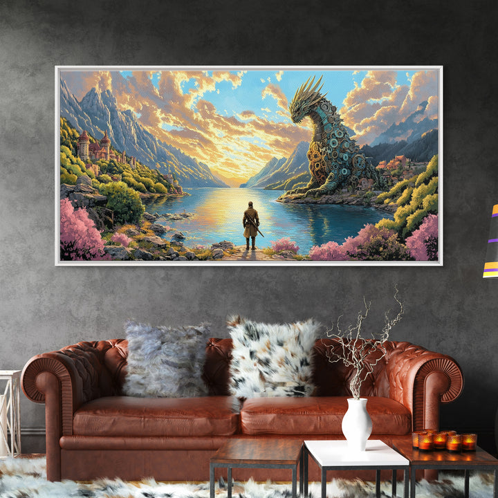 Hero Facing Giant Mechanical Dragon On Alpine Lake Canvas Print, Fantasy Wall Art, Mountain Wall Art, Adventure Home Decor