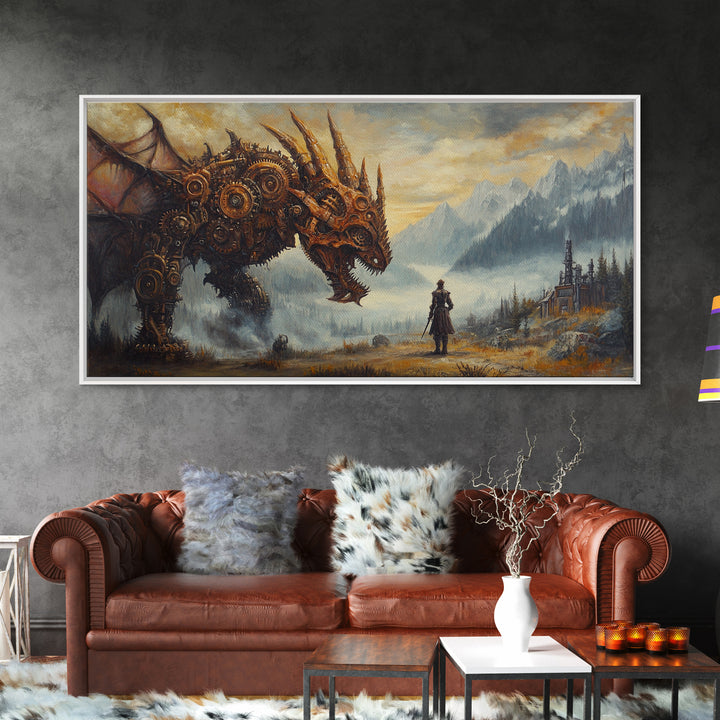 Steampunk Dragon Confronting Lone Traveler Framed Canvas Print, Fantasy Wall Art, Gothic Decor, Mountain Landscape Art, Gift For Him