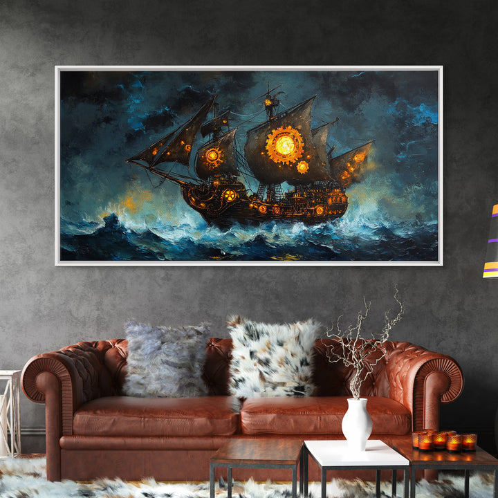 Stormy Steampunk Pirate Ship With Glowing Gears Canvas Print, Nautical Wall Art, Dark Fantasy Art, Moody Seascape Decor Gift For Him