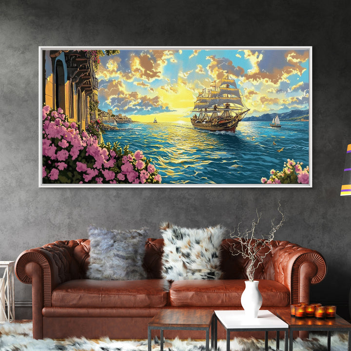 Sunset Tall Ship Sailing Past Flowered Balcony Canvas Print, Coastal Wall Art, Nautical Decor, Mediterranean Home Decor, Gift For Her