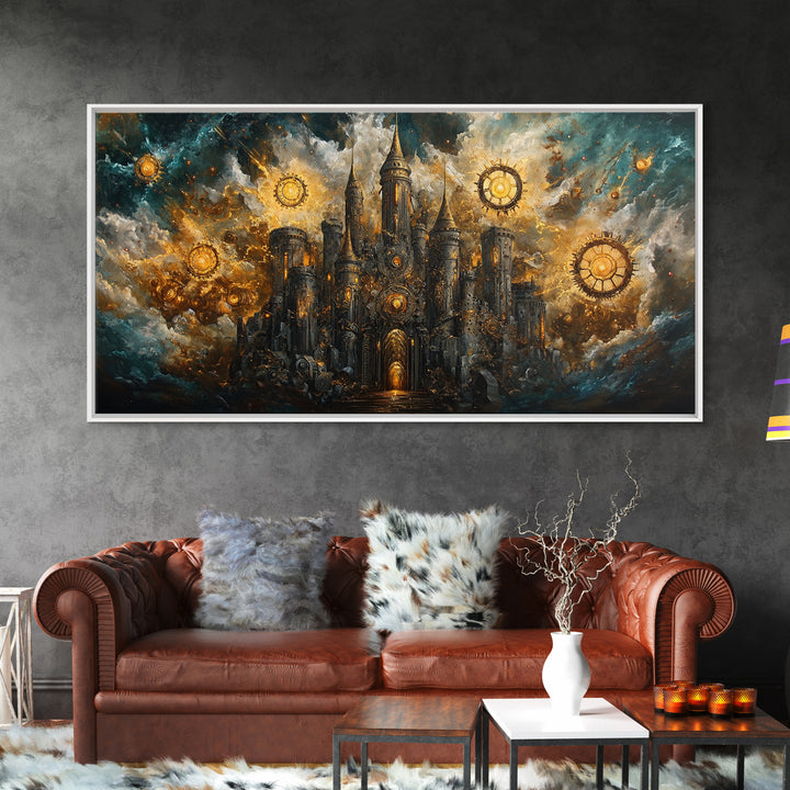 Dark Clockwork Castle Under Stormy Skies Framed Canvas Print, Gothic Wall Art, Steampunk Decor, Fantasy Home Decor, Statement Artwork
