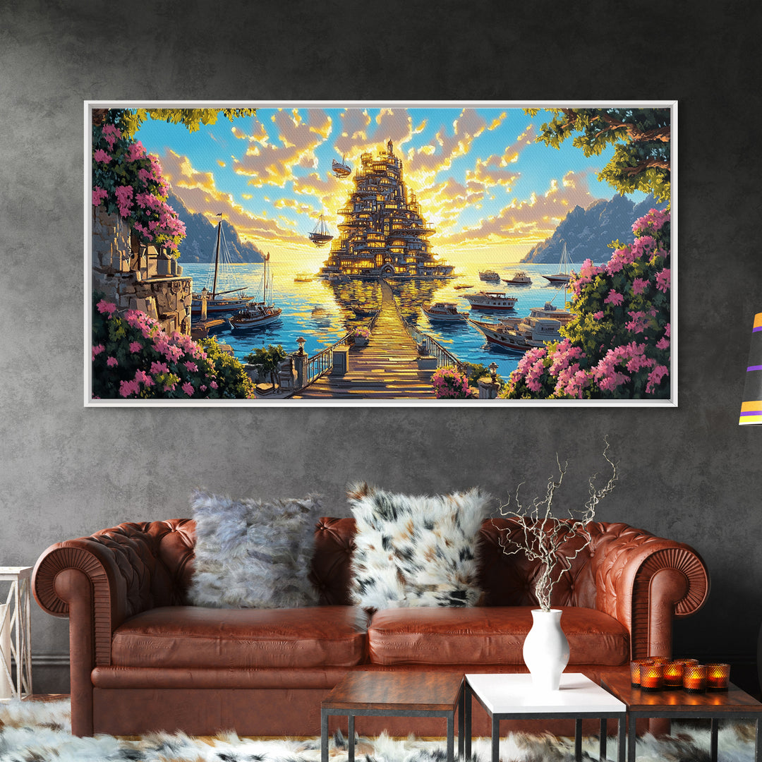 Golden Floating Temple At Sunset Wall Art, Fantasy Coastal Landscape Canvas, Dreamy Ocean Decor, Large Living Room Art Print
