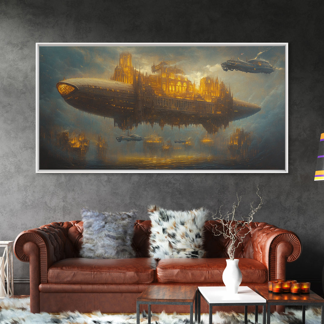 Golden Steampunk Airship City Framed Canvas Print, Futuristic Sci Fi Wall Decor, Dark Fantasy Art For Office Decor, Gift For Him