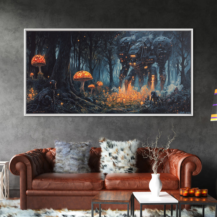 Glowing Mushroom Forest Mech Canvas Print, Dark Sci Fi Fantasy Wall Art, Cyberpunk Decor, Gamer Room Office Art, Gift For Him