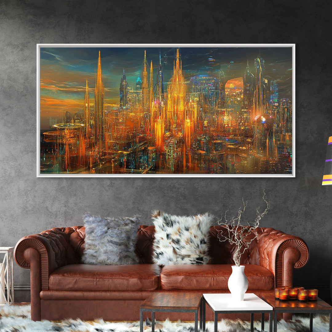 Radiant Futuristic City Skyline Wall Art, Cyberpunk Canvas Print, Sci Fi Urban Decor, Large Modern Office Wall Decor Art