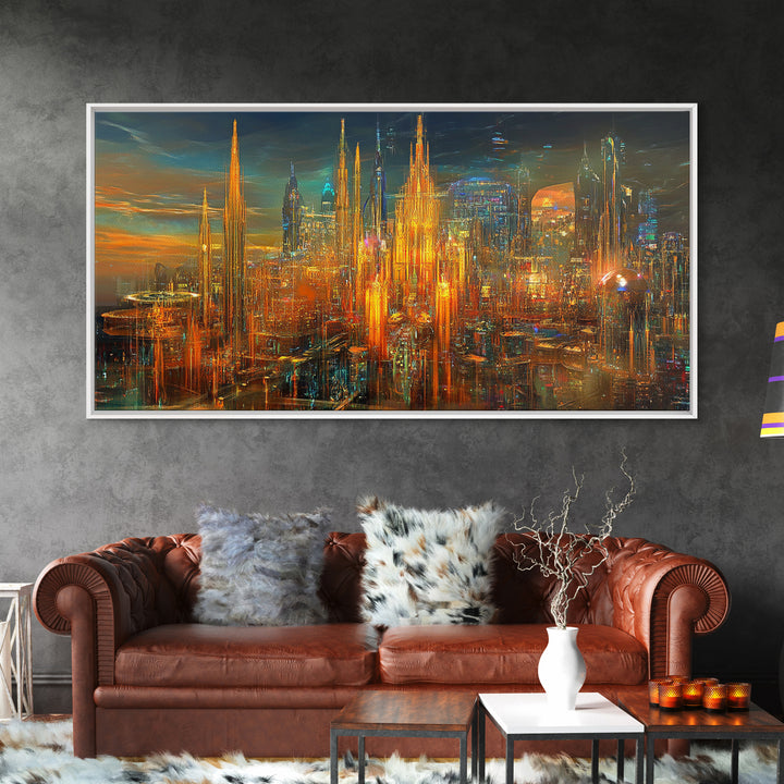 Radiant Futuristic City Skyline Wall Art, Cyberpunk Canvas Print, Sci Fi Urban Decor, Large Modern Office Wall Decor Art
