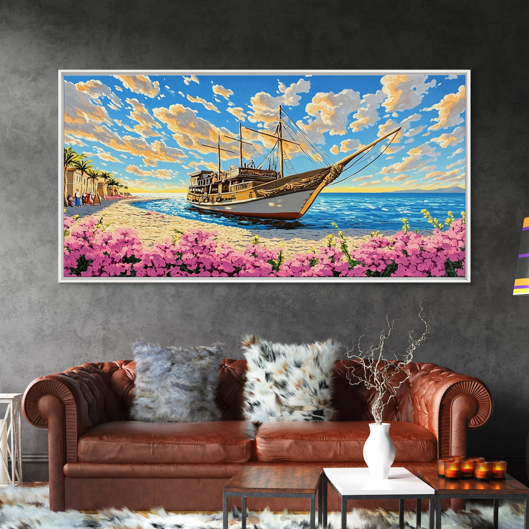 Classic Wooden Sailboat On Sunny Coast Wall Art, Nautical Canvas Print, Beach House Decor, Coastal Living Room Art Print