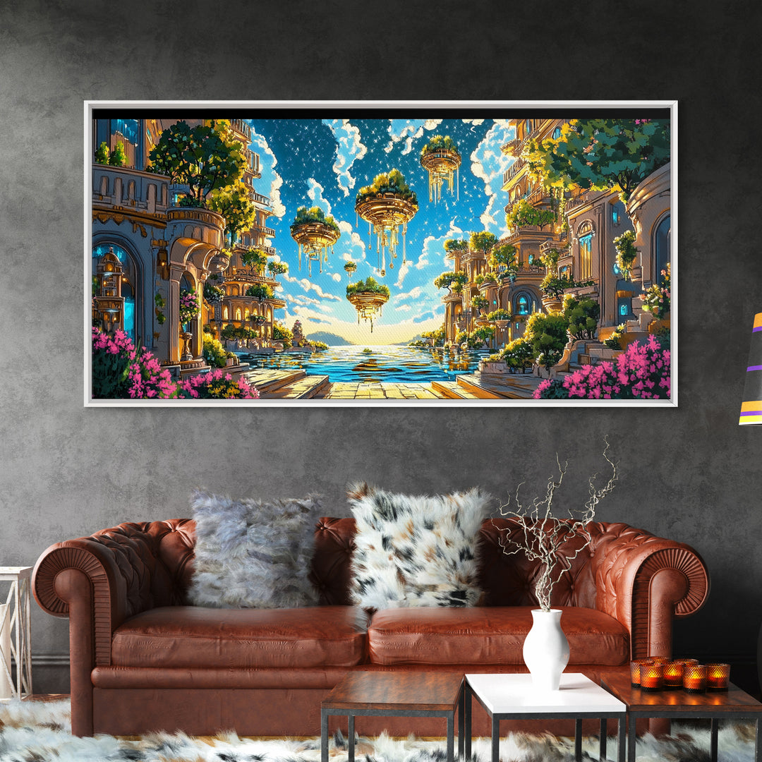 Floating Garden Islands Over Azure Sea Wall Art, Fantasy Coastal Canvas Print, Dreamy Mediterranean Home Decor Art Print