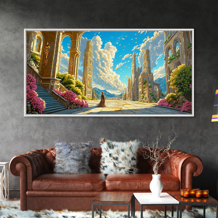 Sunlit Ancient Ruins And Mountain Vista Wall Art, Fantasy Landscape Canvas Print, Elegant Mediterranean Home Decor Print