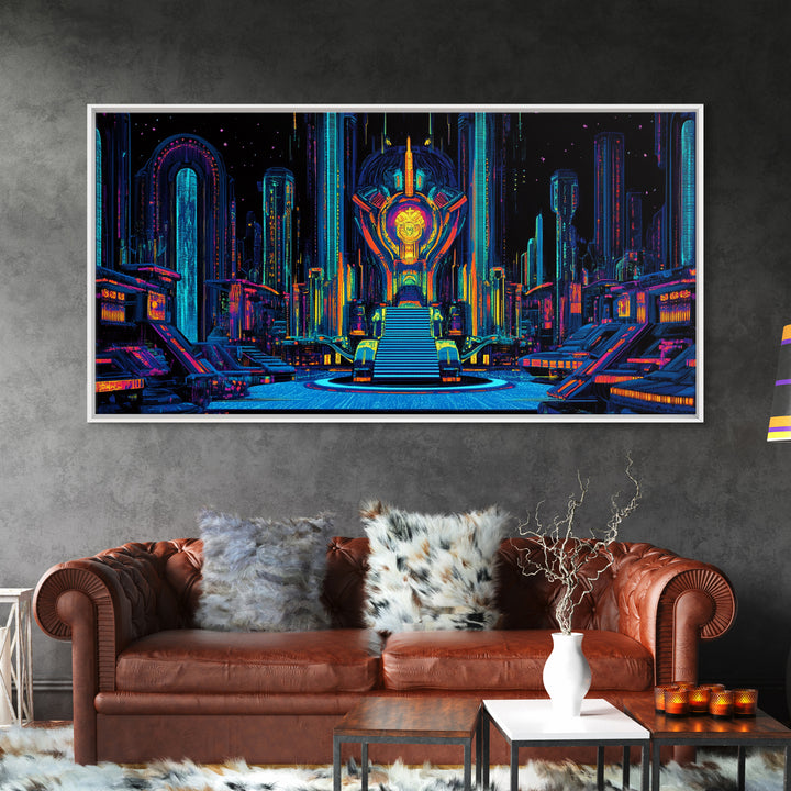 Neon Cyberpunk Throne Room Canvas Print, Futuristic Sci Fi Wall Art, Gaming Room Decor, Vibrant Office Wall Decor, Gift For Him