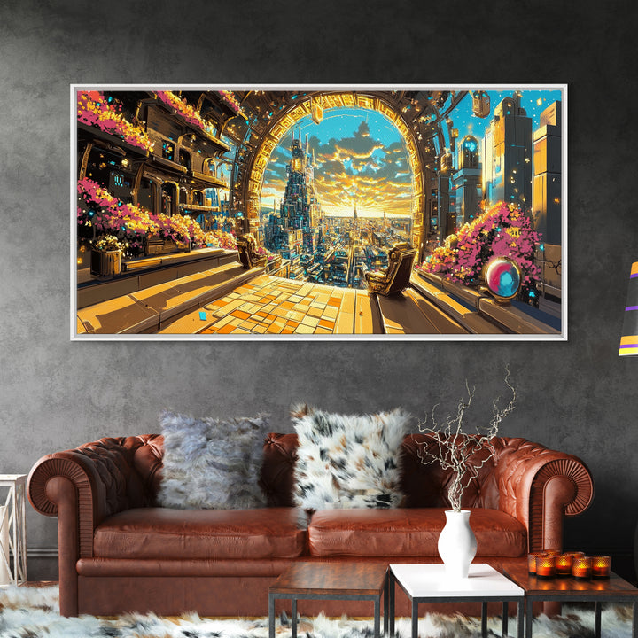 Golden Portal Balcony Over Future City Wall Art, Futuristic Canvas Print, Sci Fi Living Room Decor, Statement Office Art