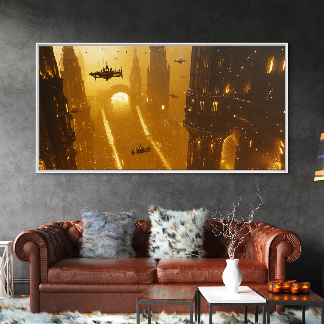 Golden Futuristic Megacity With Airships Wall Art, Sci Fi Cityscape Canvas, Cyberpunk Decor, Large Statement Living Room Print