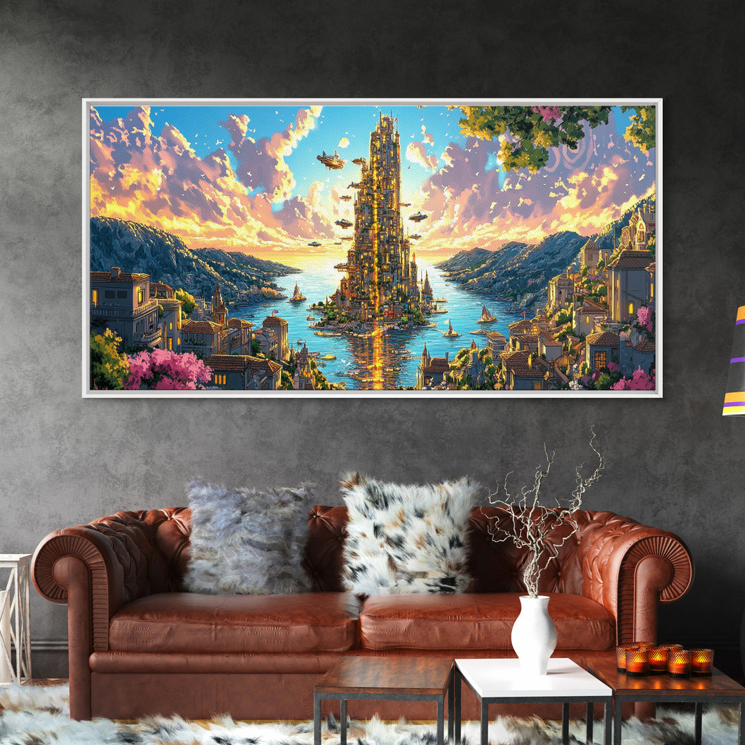 Radiant Island Tower And Alpine Bay Framed Canvas Print, Fantasy Coastal Wall Art, Italy Decor, Colorful Living Room Art
