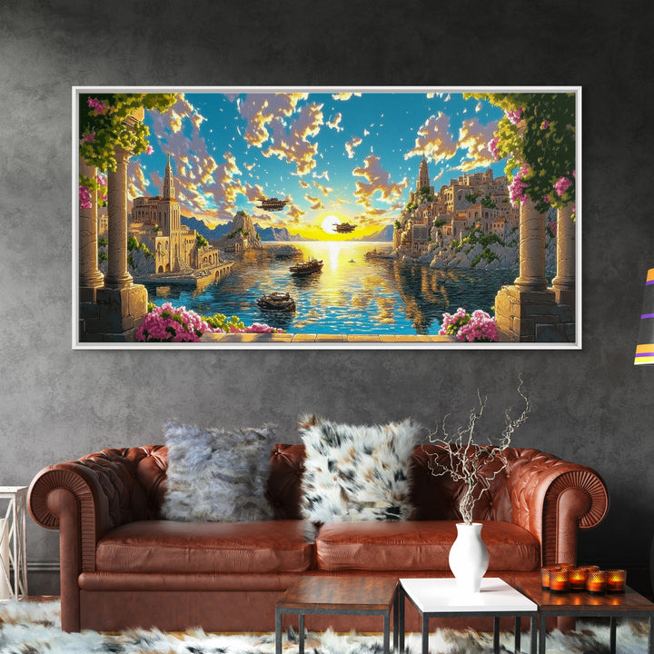 Sunlit Fantasy Harbor With Airships Canvas Print, Mediterranean Coastal Wall Art, Seascape Decor, Bright Living Room Print