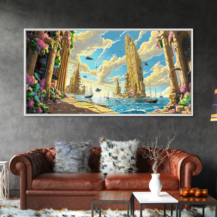 Blooming Fantasy Canal And Golden Towers Wall Art, Coastal Seascape Canvas, Mediterranean Decor, Large Horizontal Living Room Print