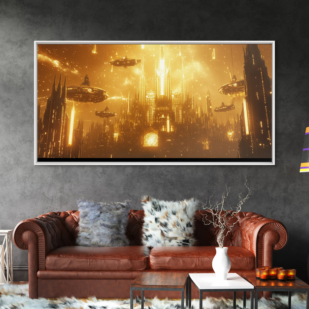Glowing Golden Future Cathedral And Airships Canvas Print, Sci Fi Wall Art, Luxury Cyberpunk Decor, Oversized Statement Art