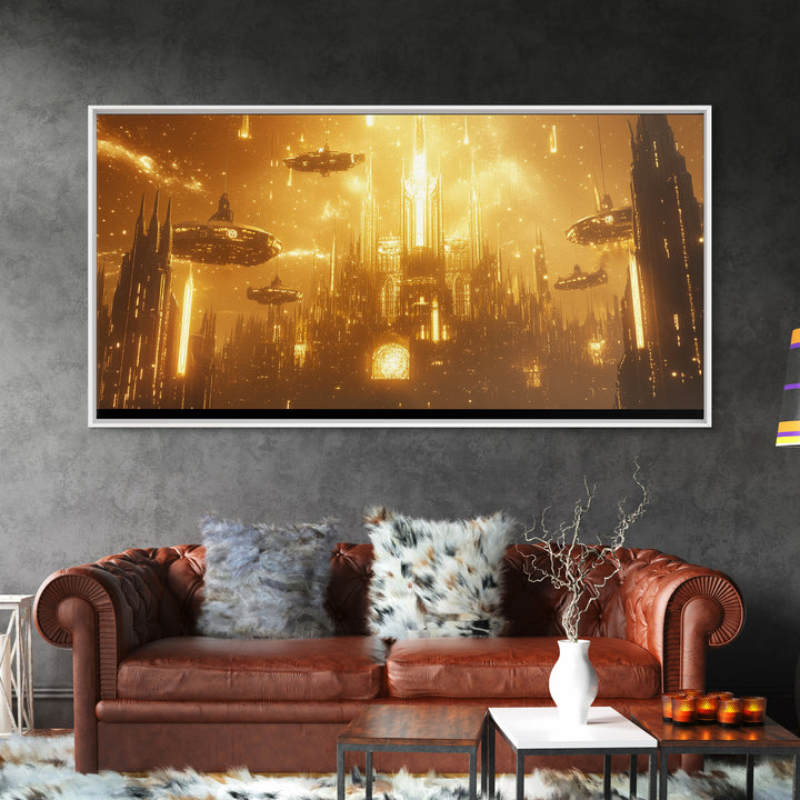 Glowing Golden Future Cathedral And Airships Canvas Print, Sci Fi Wall Art, Luxury Cyberpunk Decor, Oversized Statement Art
