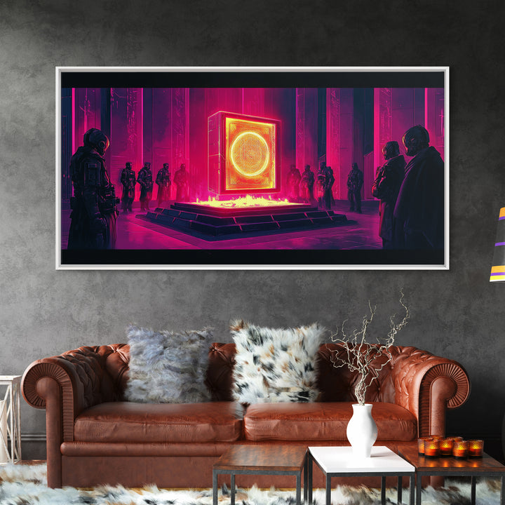 Neon Magenta Monolith Ritual Framed Canvas Print, Cyberpunk Wall Art, Sci Fi Decor, Dark Moody Futuristic Gallery Room Poster