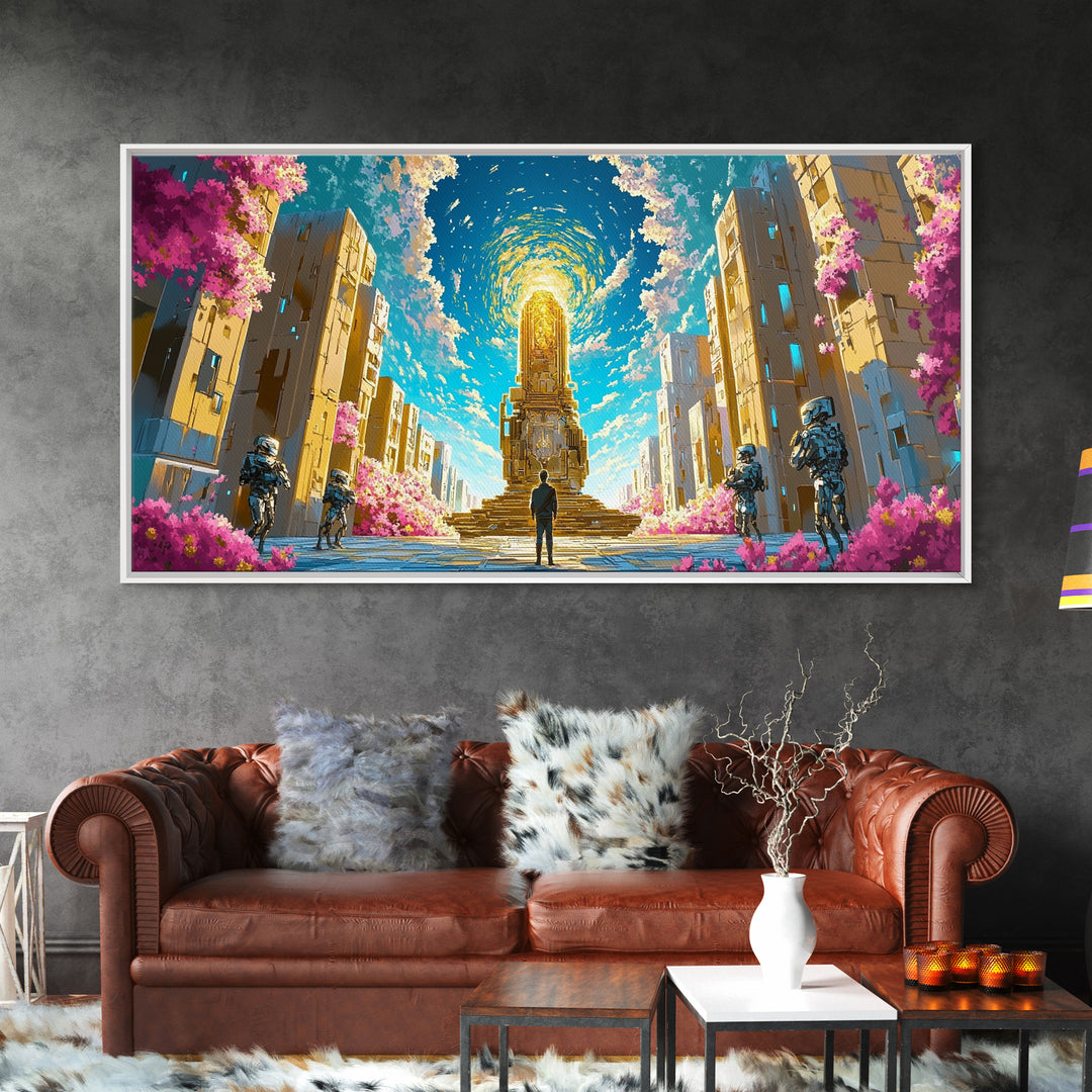 Celestial Portal Monument With Blossoms Wall Art, Modern Futuristic Sci Fi Canvas, Cyberpunk Decor, Vibrant Living Room Print