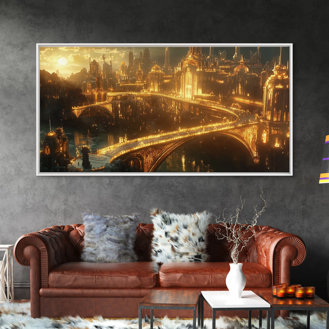 Golden Futuristic Palace City And Bridges Framed Canvas Print, Sci Fi Wall Art, Luxury Cityscape Large Statement Living Room Decor