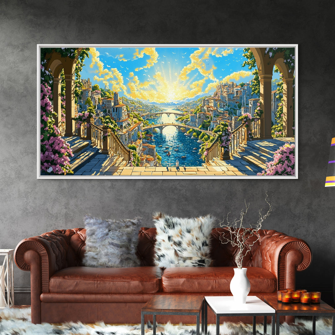 Sunlit Fantasy River City From Balcony Canvas Print, Mediterranean Wall Art, Colorful Coastal Decor, Bright Above Sofa Print