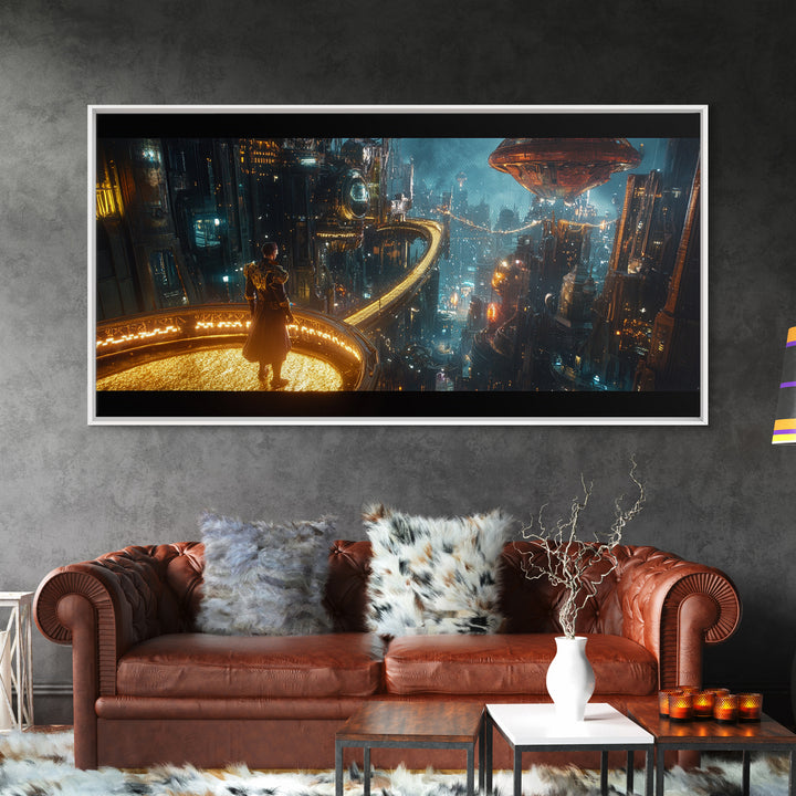 Cyberpunk Balcony Over Neon Megacity Wall Art, Futuristic Sci Fi Canvas, Dystopian Cityscape Large Office Living Room Print
