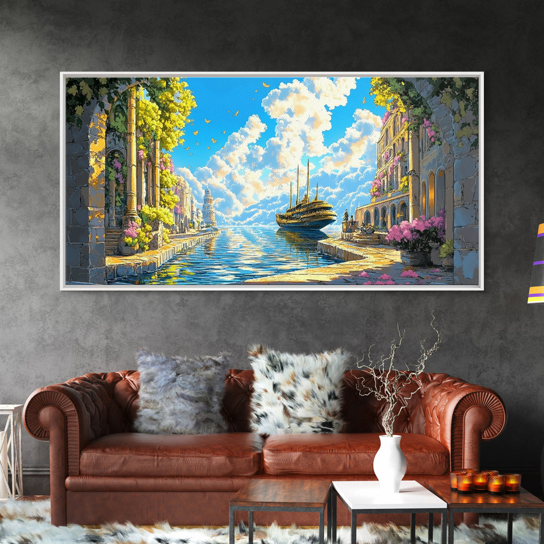 Sunlit Mediterranean Canal And Flowered Stone City Wall Art, Coastal Italy Canvas Print For Living Room Decor And Beach House Decor