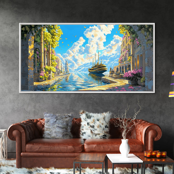 Sunlit Mediterranean Canal And Flowered Stone City Wall Art, Coastal Italy Canvas Print For Living Room Decor And Beach House Decor
