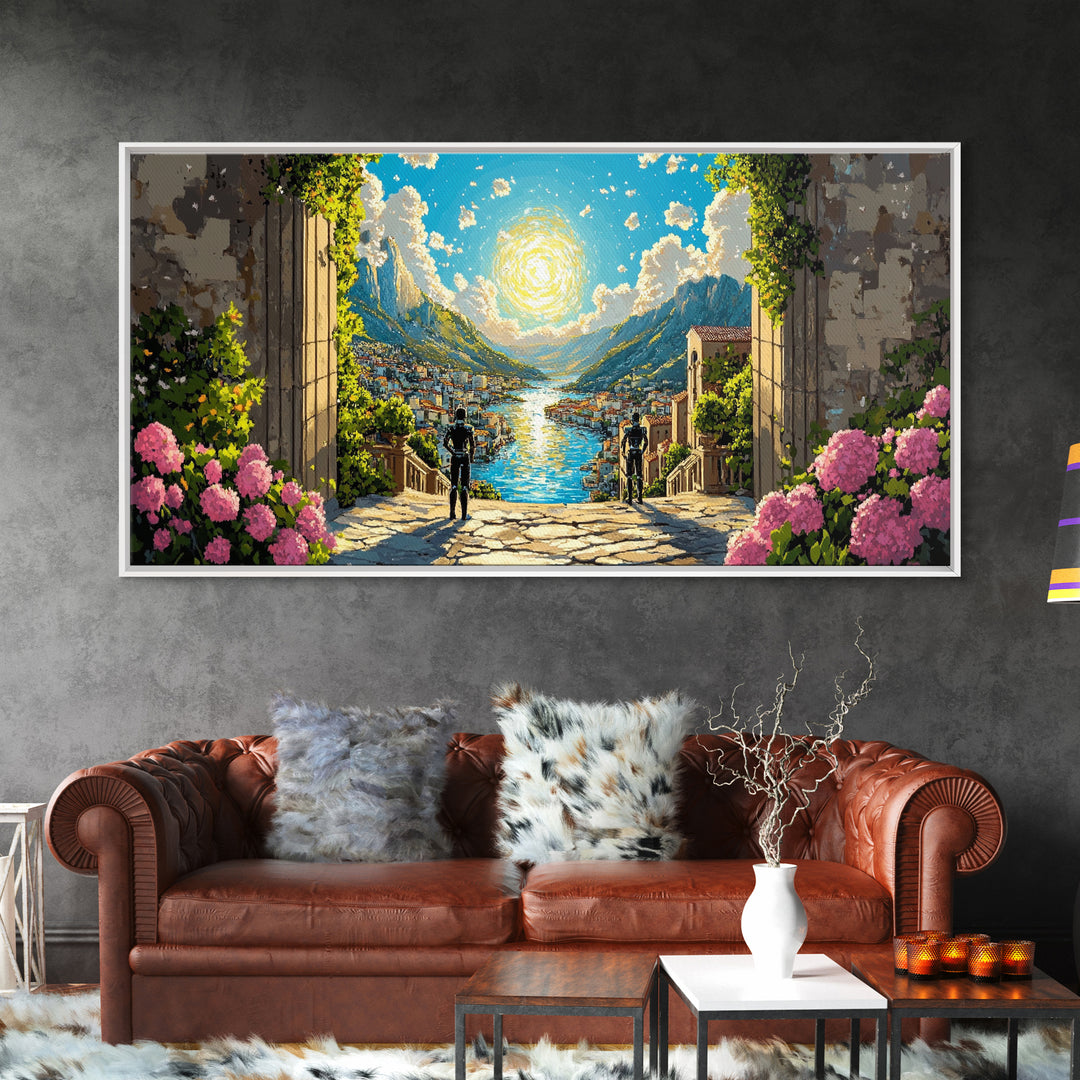 Radiant Alpine Lake Como Village Through Stone Arch Wall Art, Italian Landscape Print For Elegant Home Decor And Travel Lover Gift