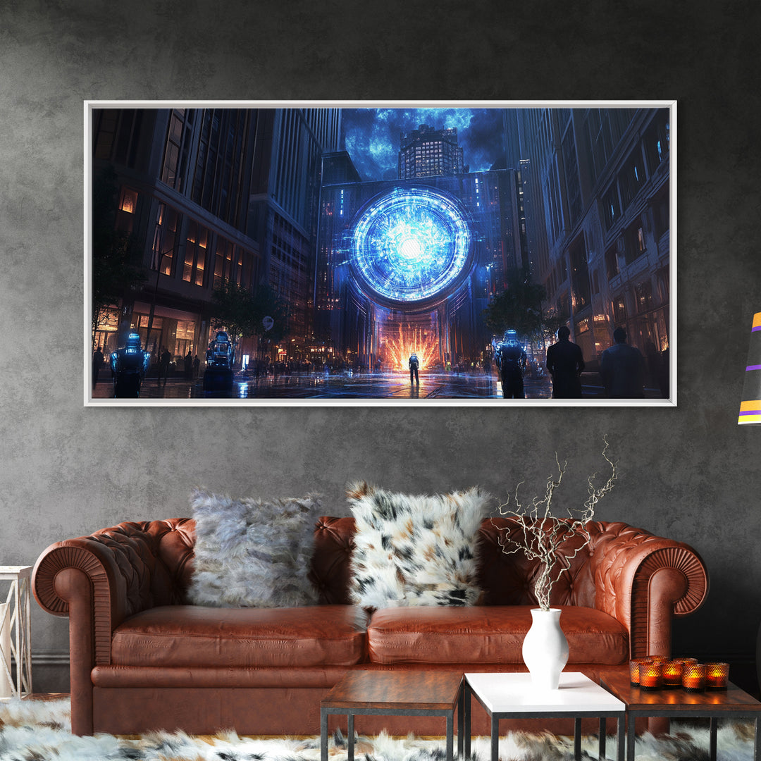 Blue Cosmic Portal Over Dark City Street Framed Canvas Print, Sci Fi Wall Art For Gaming Room Decor And Modern Cyberpunk Decor