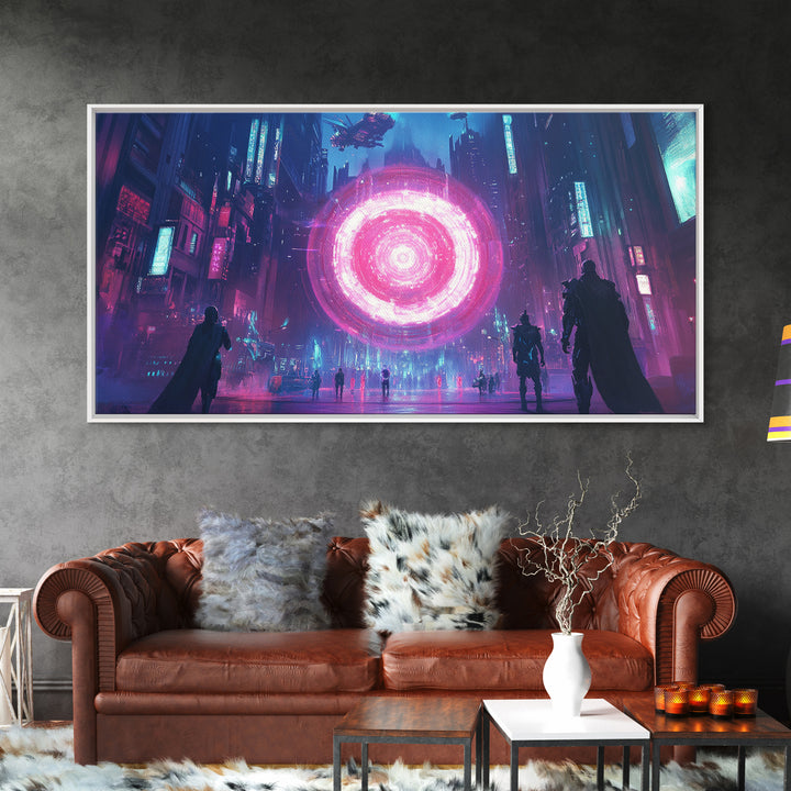 Neon Pink Portal In Rainy Cyberpunk Megacity Canvas Print, Futuristic Wall Art For Gaming Room Decor And Sci Fi Gift For Him