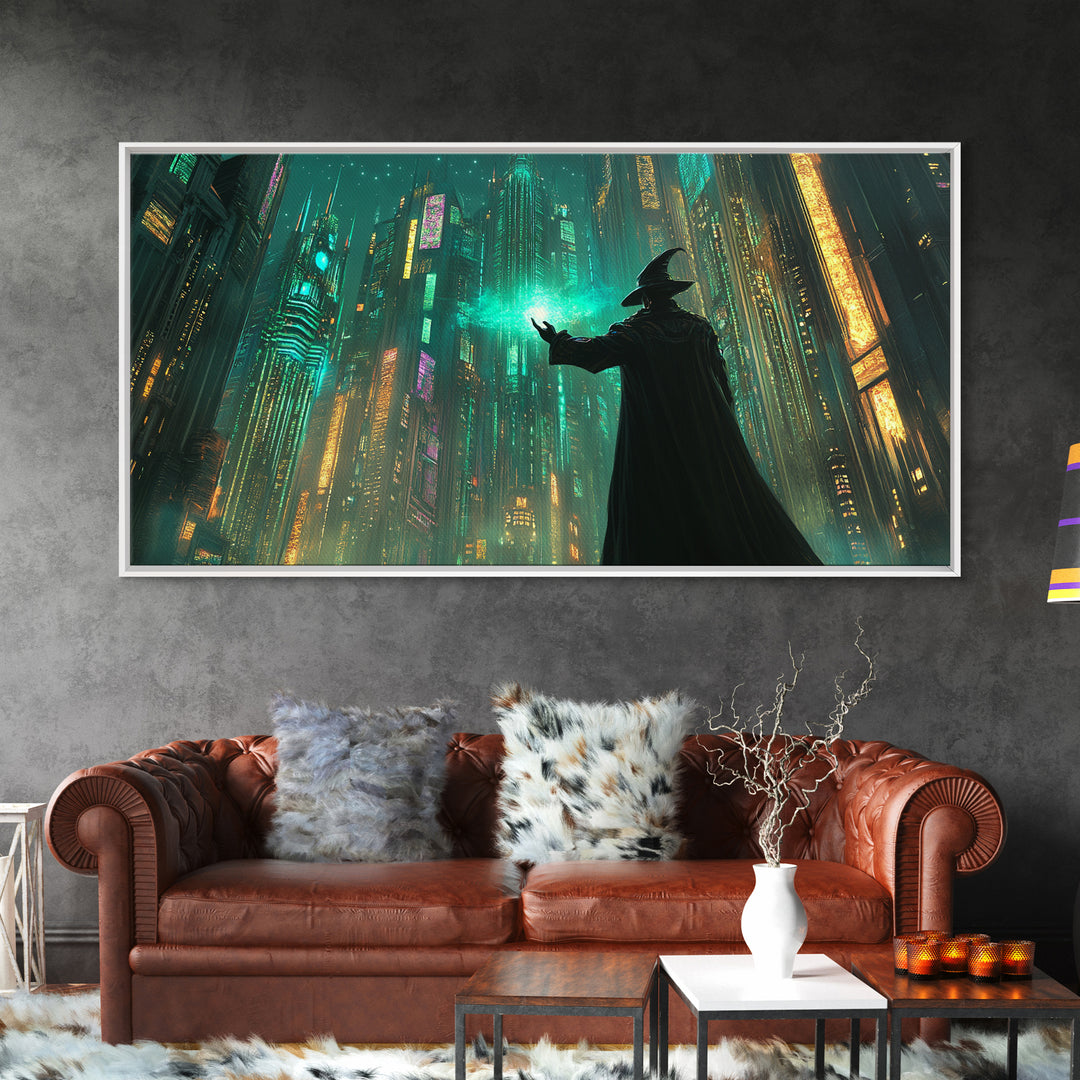 Wizard Casting Green Light In Futuristic Neon City Framed Canvas Print, Cyberpunk Wall Art For Sci Fi Office Decor And Gaming Room