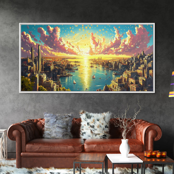 Panoramic Golden Harbor City At Sunrise Wall Art, Futuristic Coastal Canvas Print For Living Room Decor And Large Horizontal Art