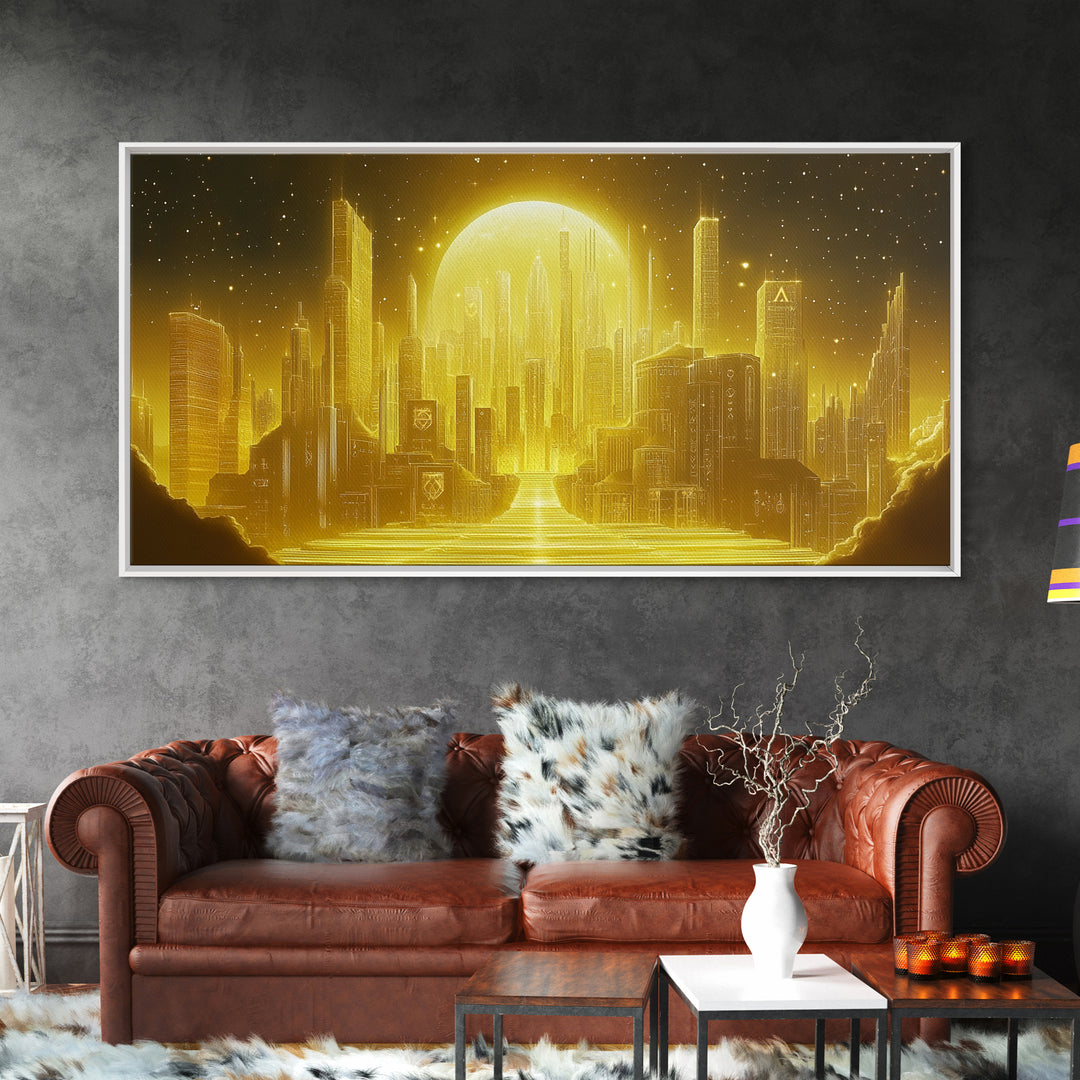 Golden Moon Over Futuristic Skyline And River Wall Art, Celestial City Canvas Print For Modern Office Decor And Sci Fi Home Decor