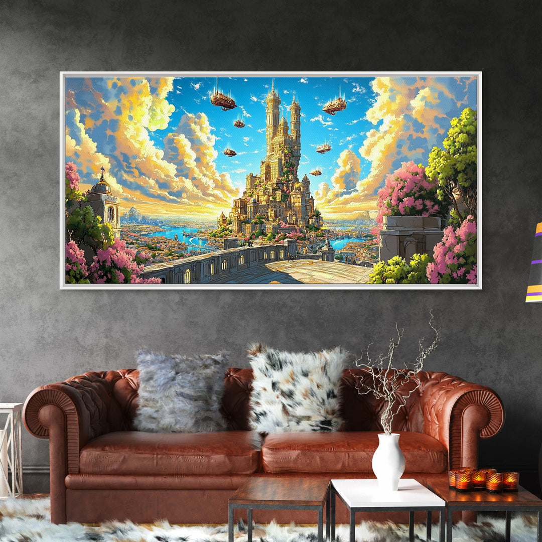 Sunlit Floating Castle City Canvas Print, Fantasy Wall Art, Dreamy Landscape Decor For Large Living Room, Whimsical Sky Kingdom Art