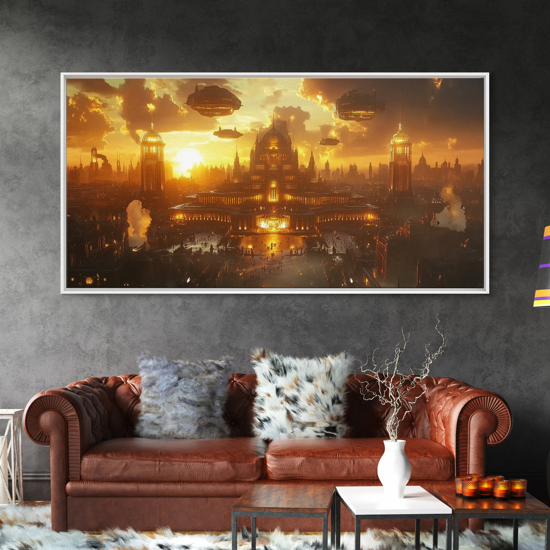 Golden Steampunk Palace Skyline Framed Canvas Print, Fantasy Wall Art, Futuristic Cityscape For Moody Office Decor And Living Room Decor