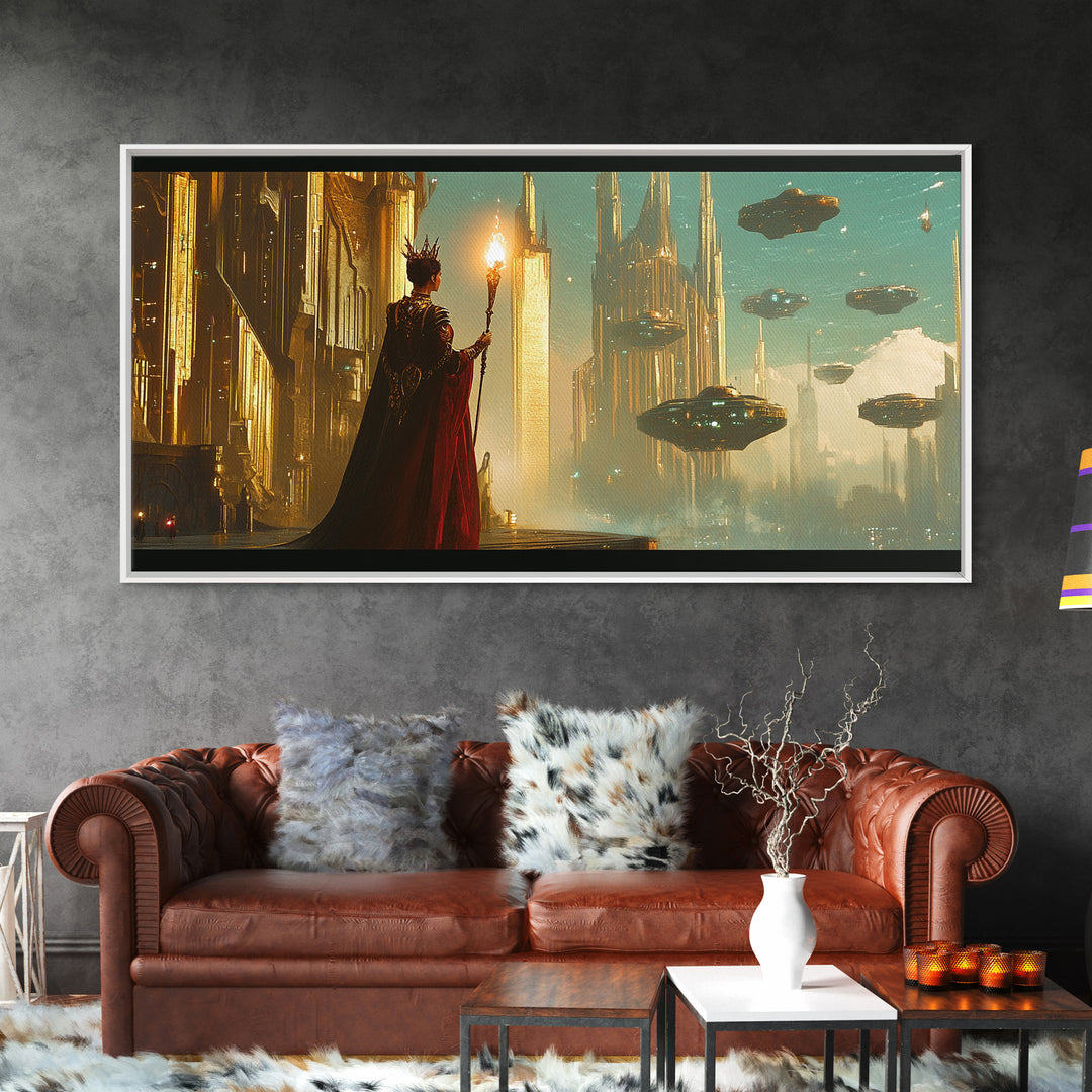 Cloaked Mage With Torch Canvas Print, Fantasy Wall Art, Futuristic Cityscape, Dark Academia Office Decor, Sci Fi Art, Gift For Him